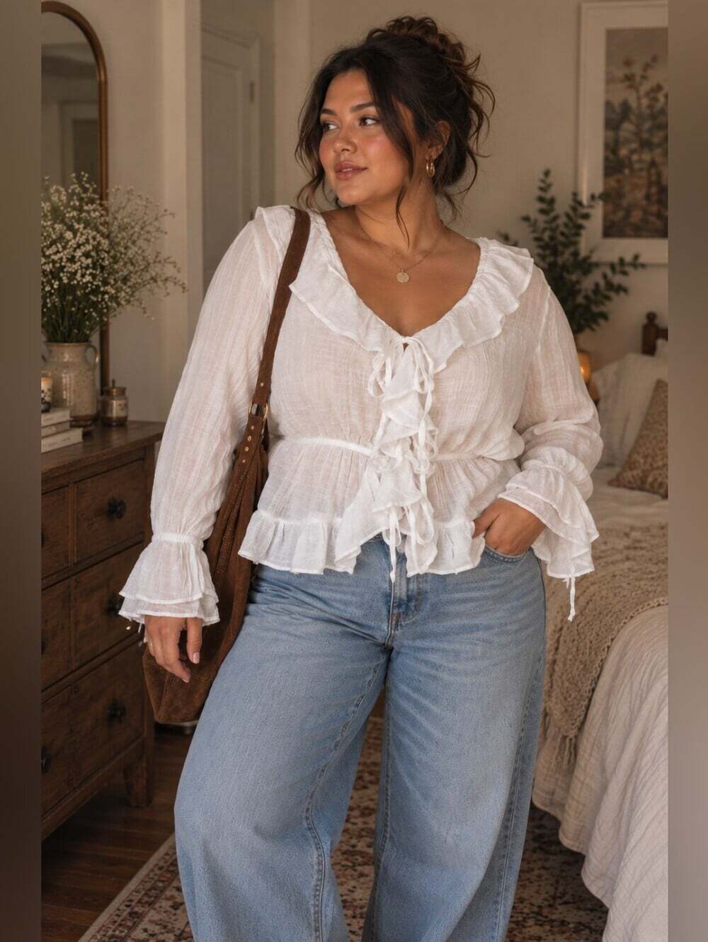 Love & Piece Collection White Ruffle Tie Front Blouse XL Boho Fairycore Y2K